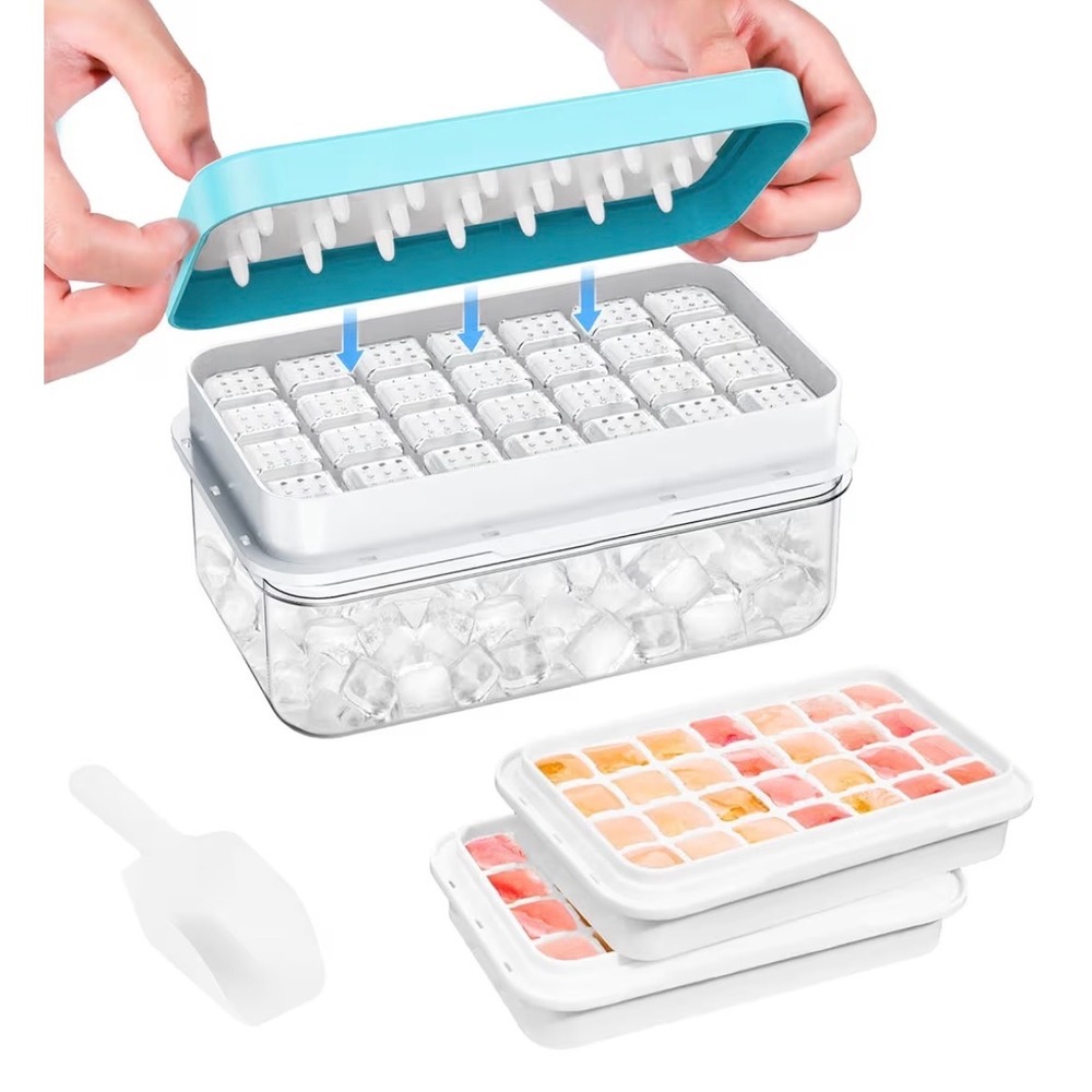 Easy Release Ice Cube Tray with Bin & Scoop 2 Tier‎ 64 Cubes Blue White BPA Free